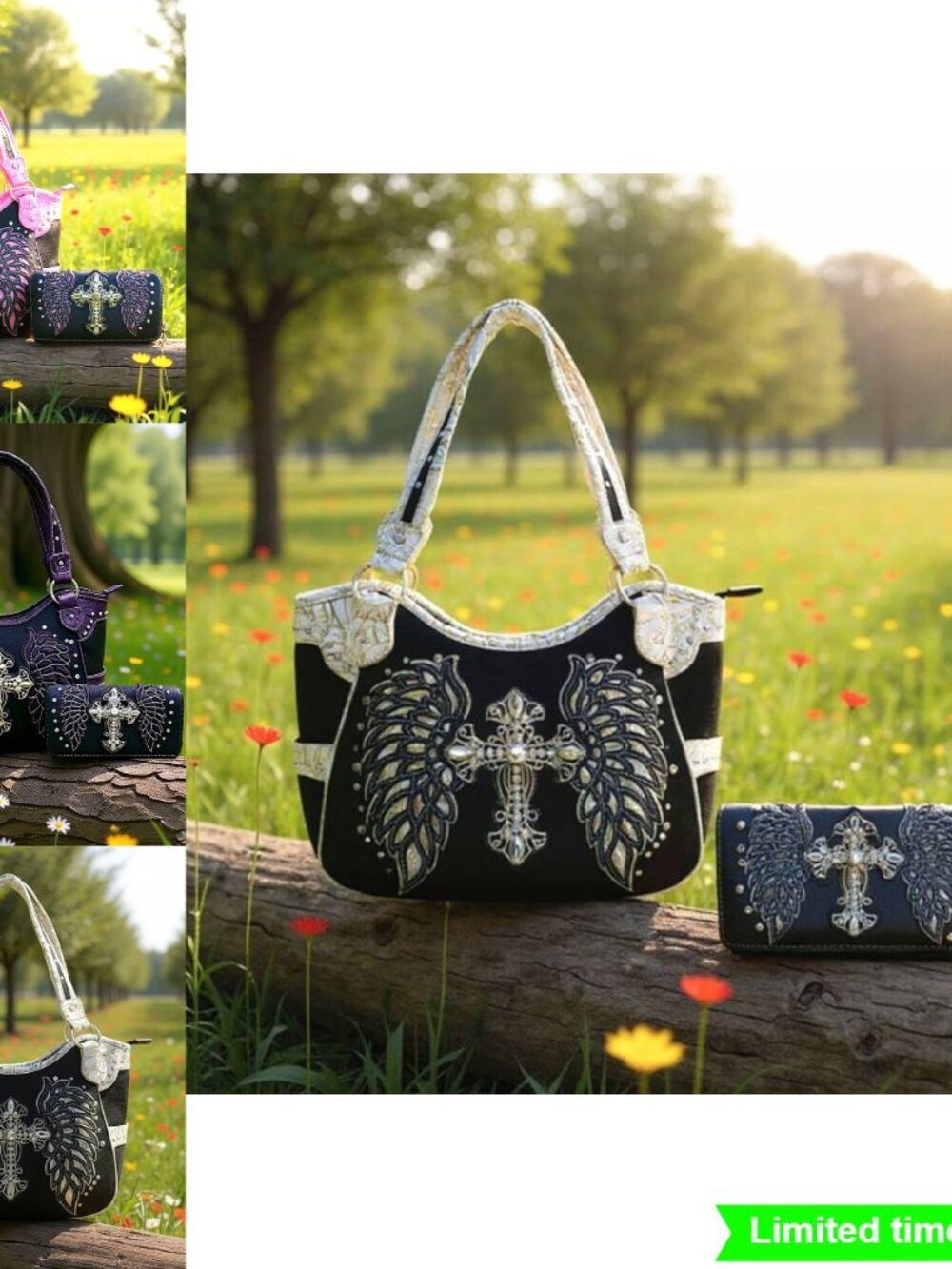 Western Style Handbag Set with Cross and Wing Decorations and Matching Wallet
